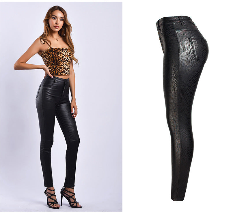 Black Pu High Waist Velvet Padded Faux Leather Pants