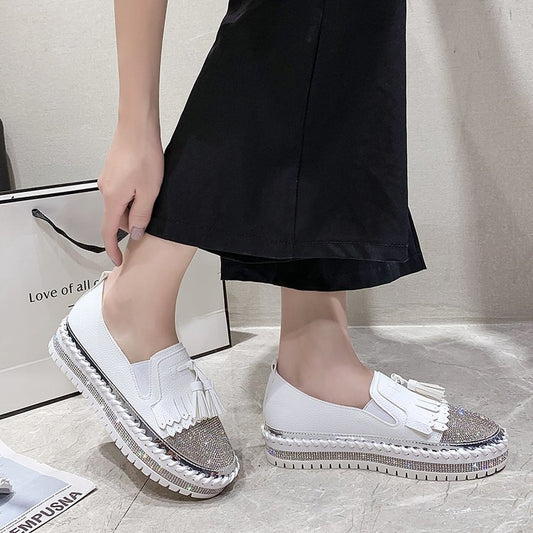 Shallow Leather Rhinestone Platform Shoes For Women