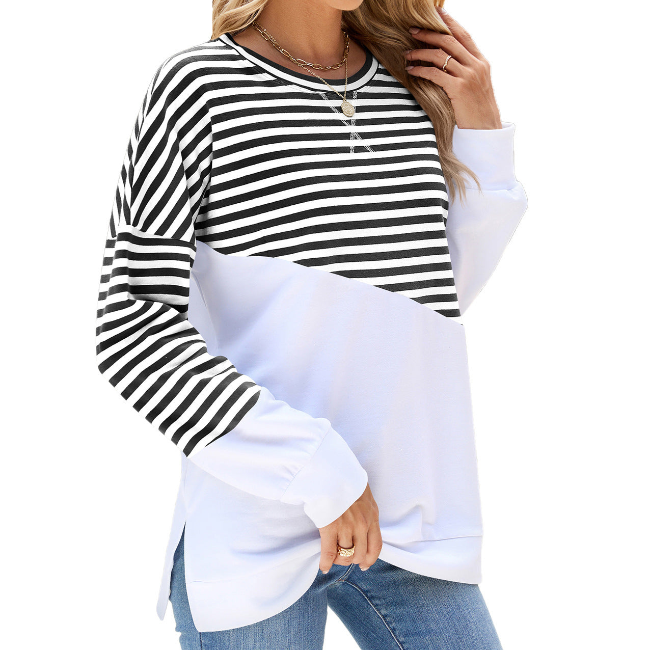 Maglione girocollo casual alla moda con design diviso Abbigliamento da donna