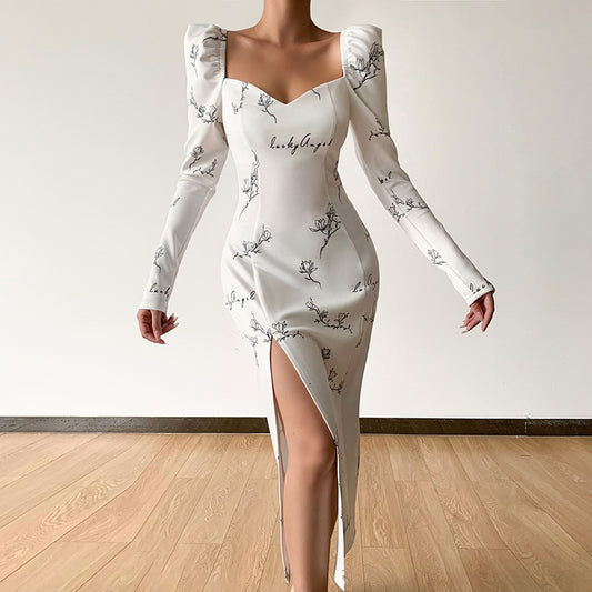 New Temperament Gentle Print Square Neck High Waist Split Dress Women