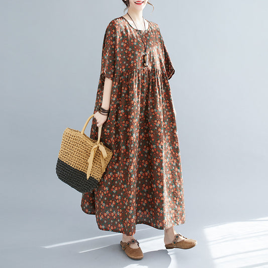 Literary Large Loose Round Neck Short Sleeve Large Swing Dress For Women