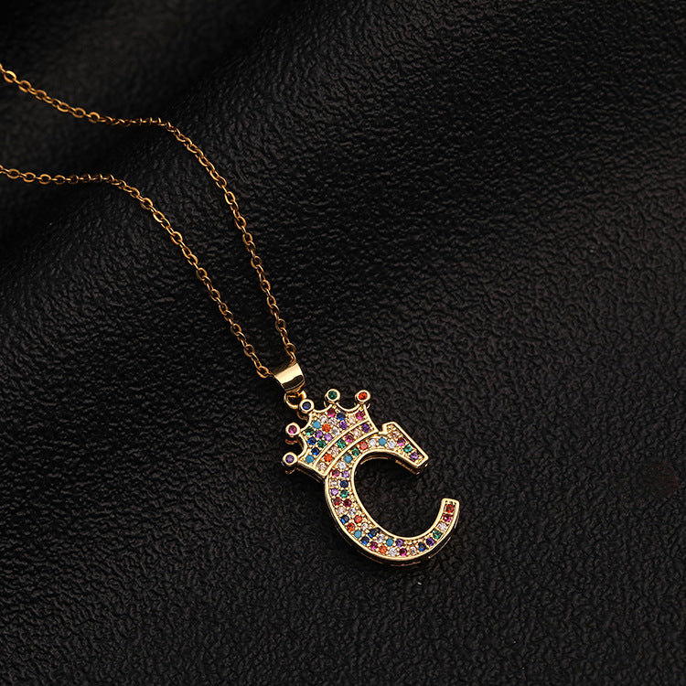 Micro-inlaid Colorful Zircon Hip-hop Personality 26 Letters Pendant Necklace