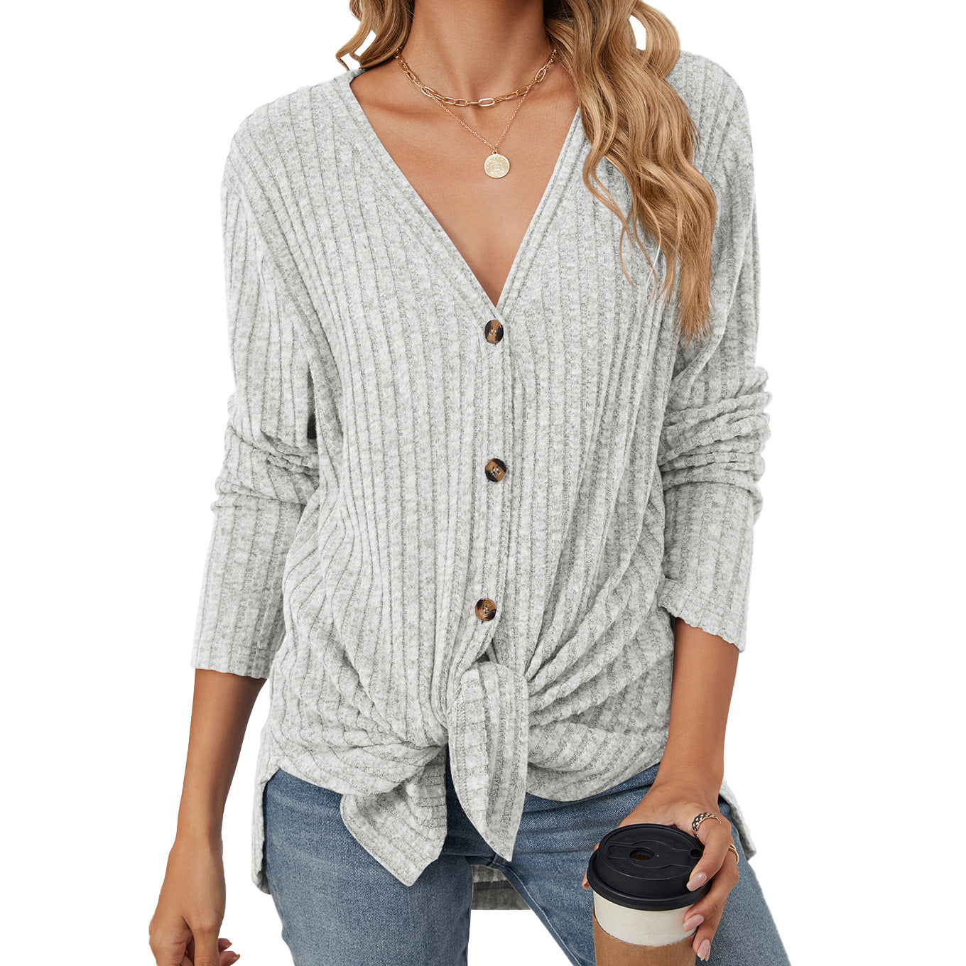 Cardigan con bottoni a maniche lunghe in tinta unita, lavorato a maglia e cappotto smerigliato