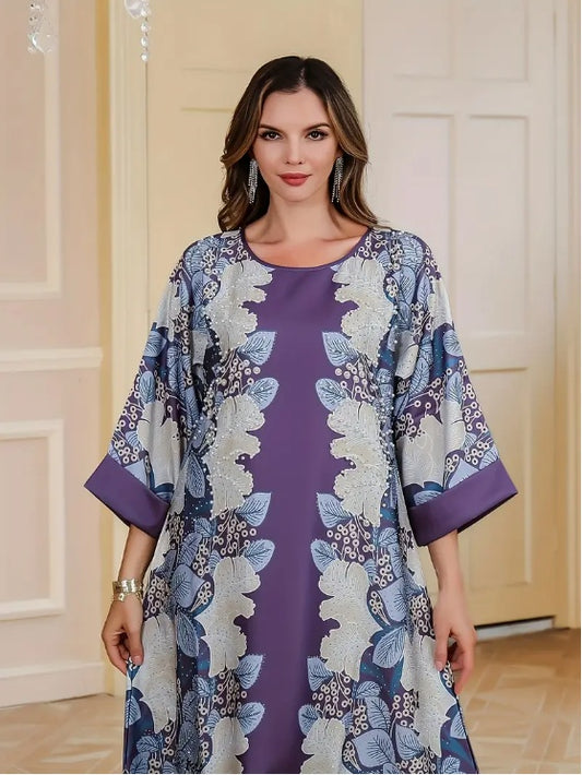 Elegantes langärmliges Abaya-Kleid mit Blumendruck