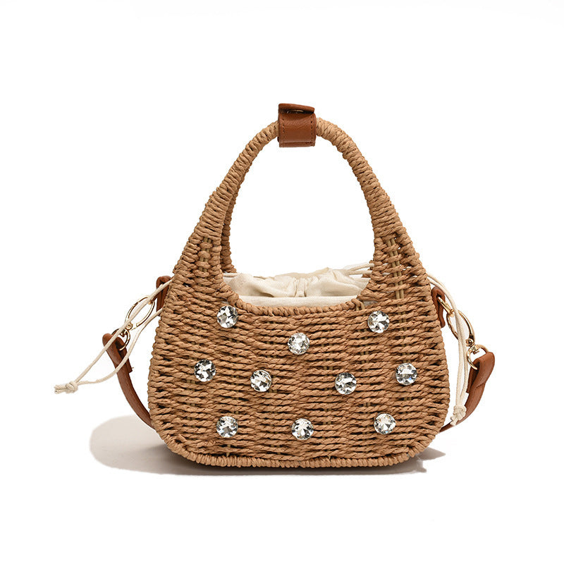 Borsa a tracolla portatile con strass da donna, borsa intrecciata