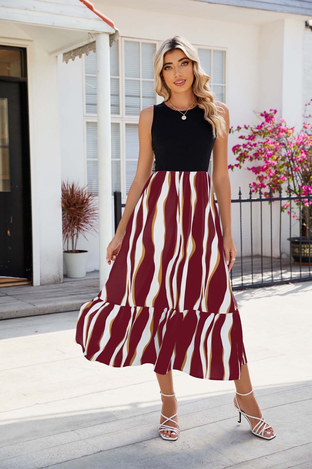 Rundhalsausschnitt Ärmelloses Langes Kleid Sommermode Gestreiften Print Kleider Damenbekleidung