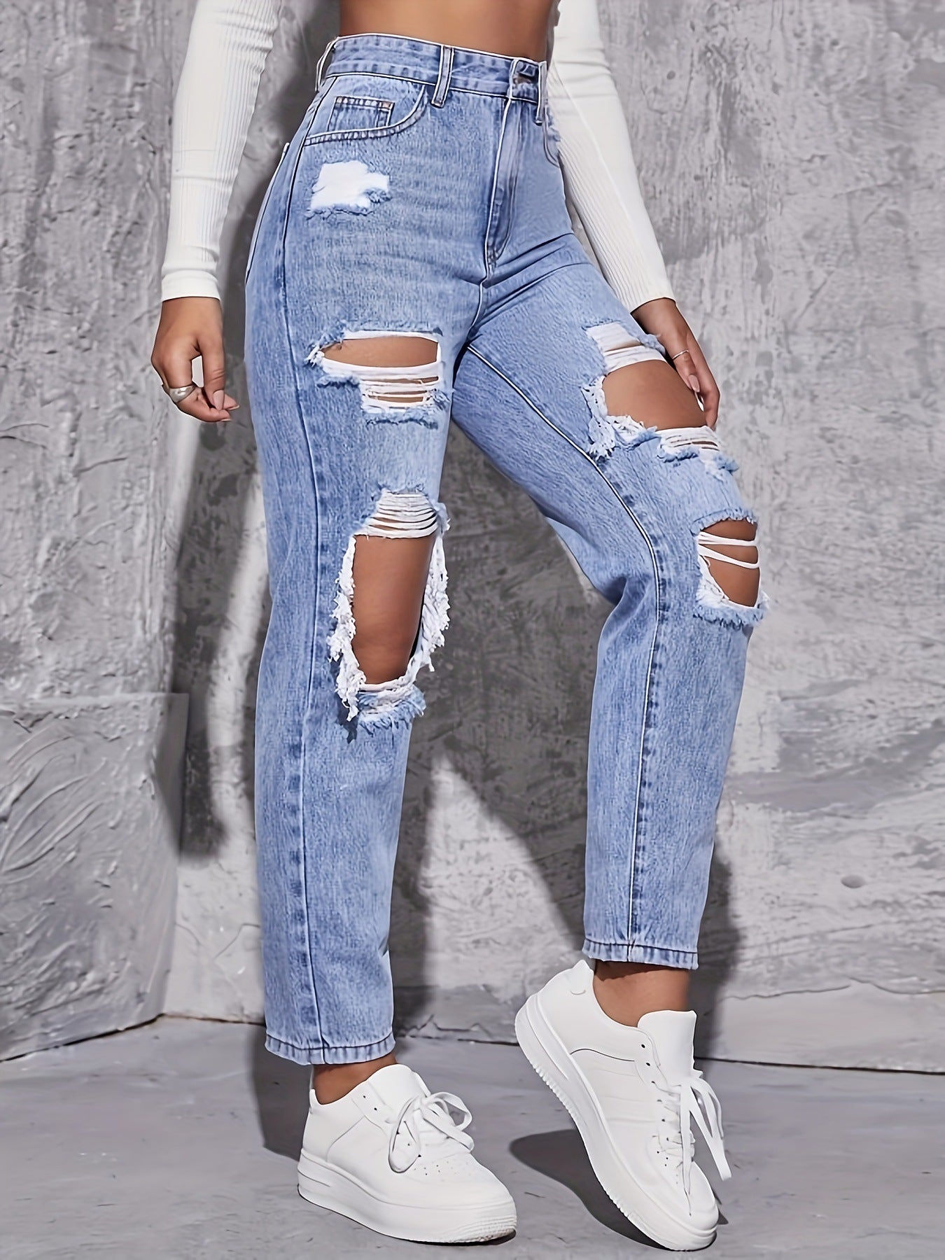 Lässige zerrissene Jeanshose mit hoher Taille