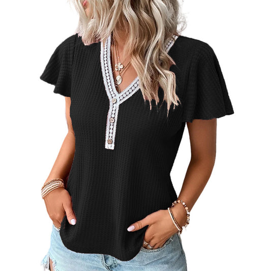 Waffel-T-Shirt mit V-Ausschnitt und kurzen Ärmeln