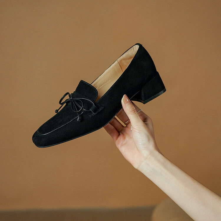 Spring And Autumn New Square Toe Chunky Heel Pumps Bow Comfortable Split Leather High Heel