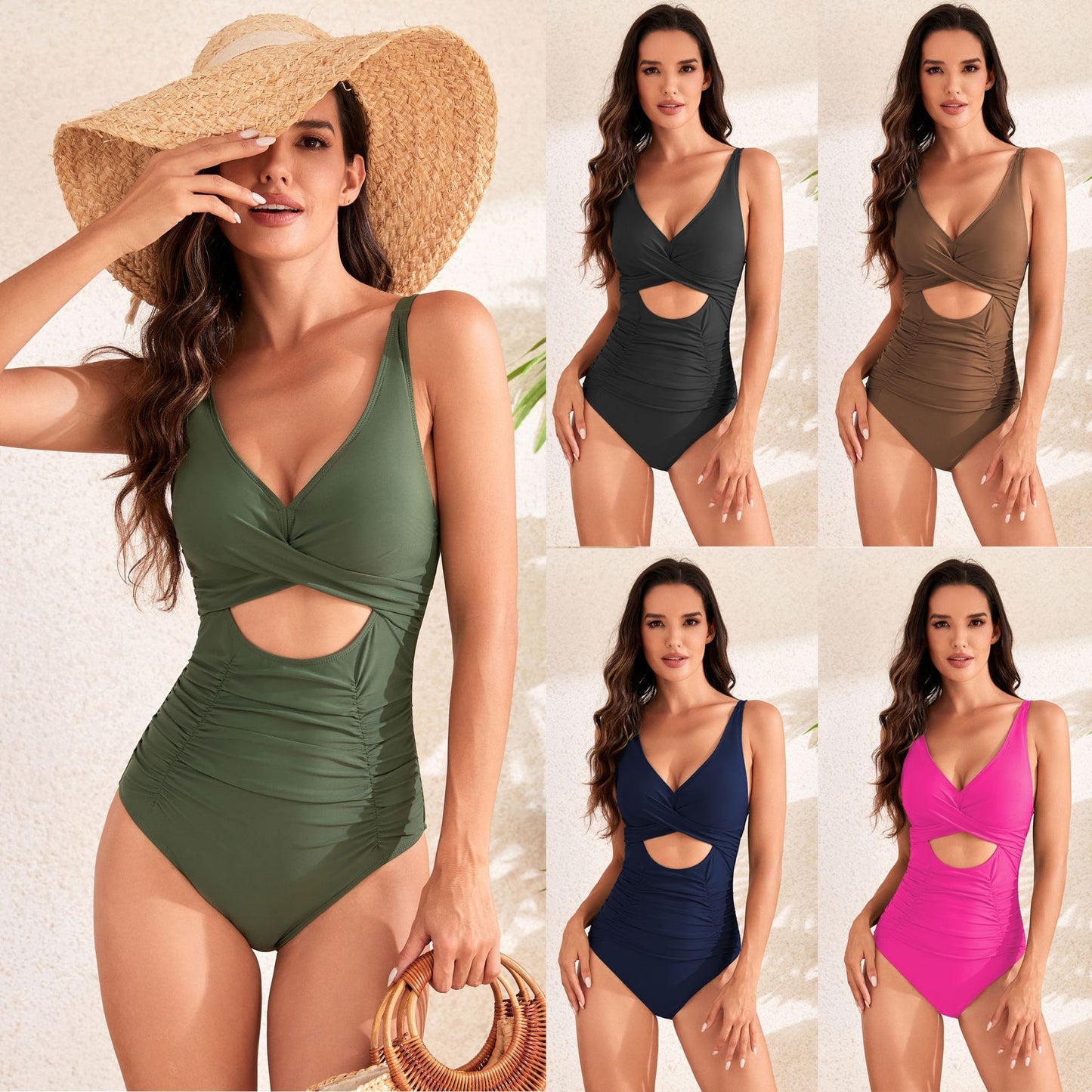Costume da bagno a vita alta con pieghe incrociate tinta unita