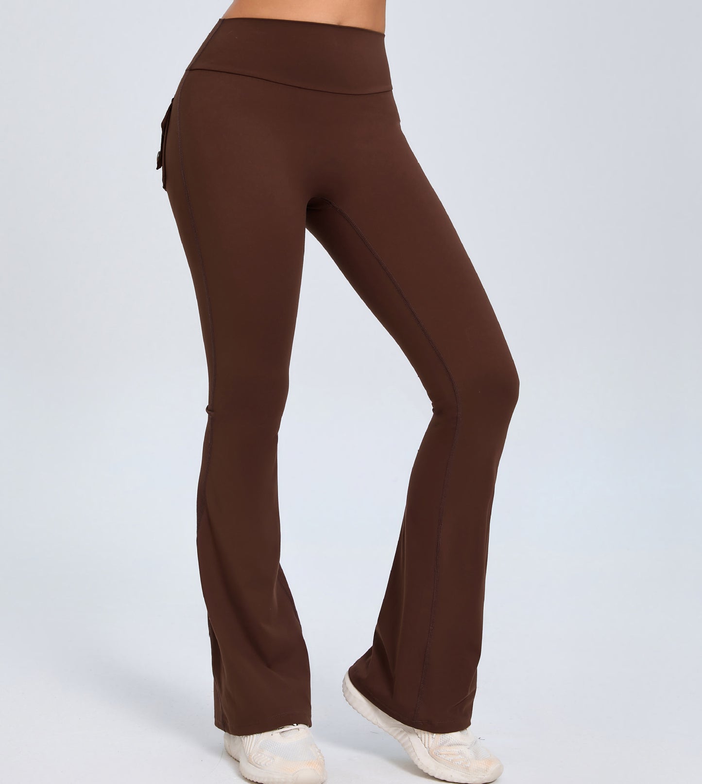 Pantaloni svasati da yoga e fitness con tasche, pantaloni sportivi alla moda a vita alta