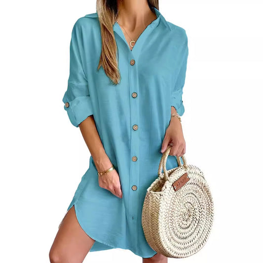 Abito camicia a maniche lunghe con risvolto e bottoni, per il tempo libero autunnale, abbigliamento da donna