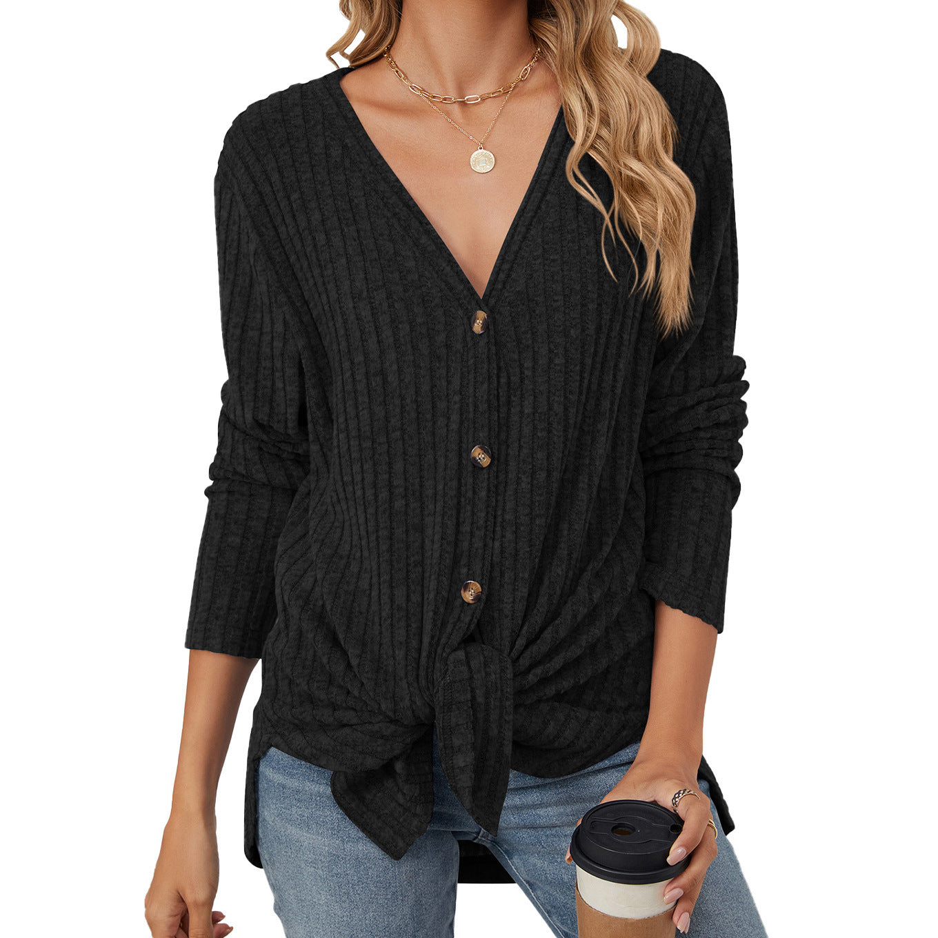 Cardigan con bottoni a maniche lunghe in tinta unita, lavorato a maglia e cappotto smerigliato