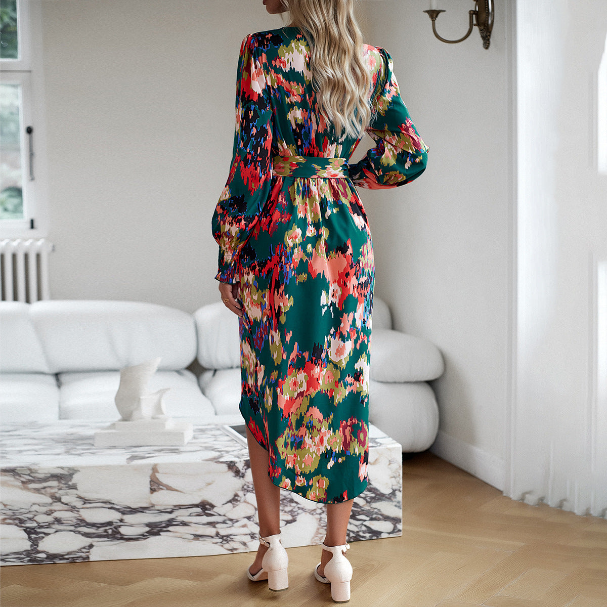 Bedrucktes Kleid Herbst Winter Elegantes Kleid mit V-Ausschnitt