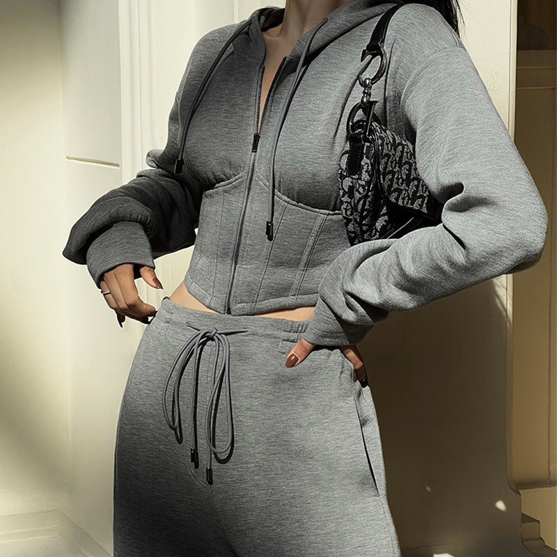 Maglione di cotone grigio, pantaloni, set casual sportivo