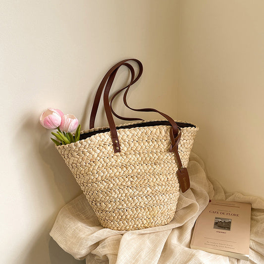 Large Capacity Straw Woven Bag Women's Woven Portable Vegetable Basket Bag