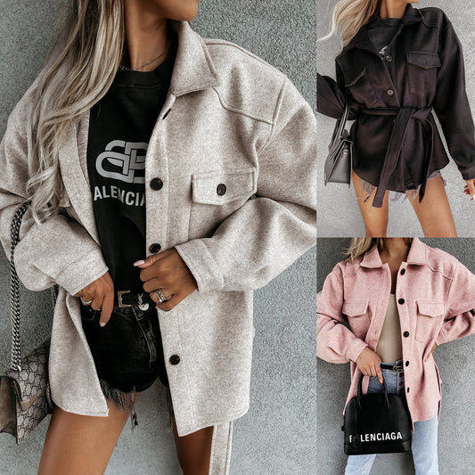 Solid Color Lapel Single-breasted Loose Woolen Coat
