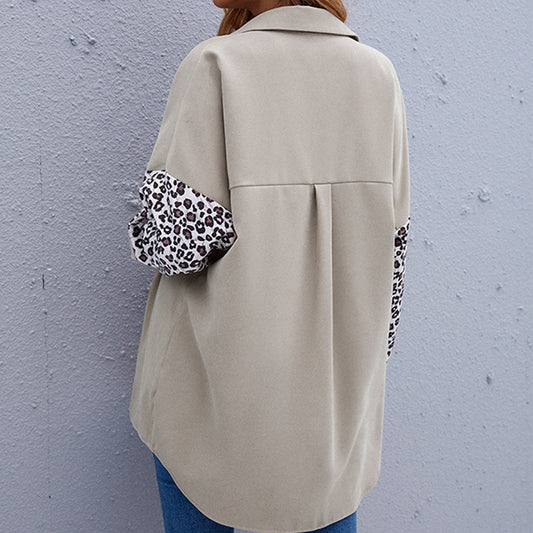 Shirt Jacket Lapel Shirt Stitching Leopard Print Long-sleeved Cardigan Shirt Women