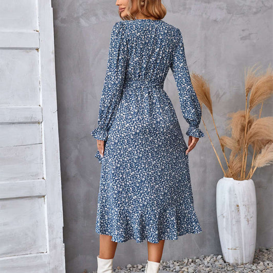 Blumendruck Langarmkleid Mode Rüschen Pendler Temperament Kleider Damenbekleidung