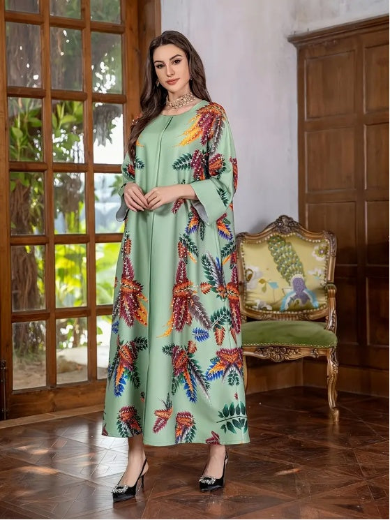 Elegant Floral Print Long Sleeve Abaya Dress