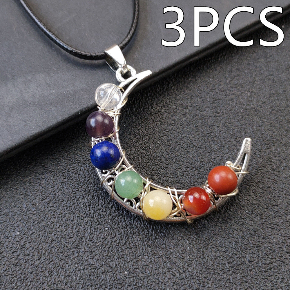 Collana con pentagramma a forma di luna e sette chakra in pietra di cristallo