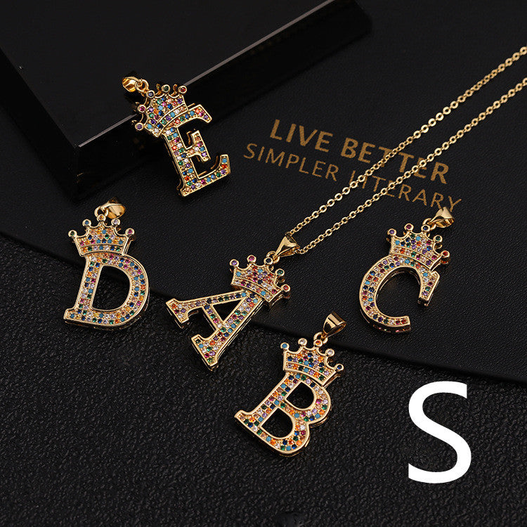 Micro-inlaid Colorful Zircon Hip-hop Personality 26 Letters Pendant Necklace
