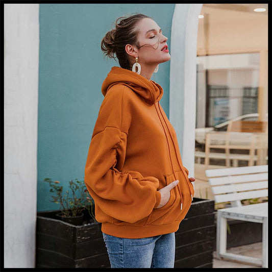 Kürbisfarbener Plissierter Pullover im Hong Kong-Stil mit Kapuze, einfarbig, lockerer Pullover