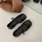 Damen Plateauschuhe aus Leder mit rundem Kopf im britischen Stil, Schnalle, Perle