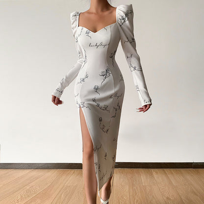 New Temperament Gentle Print Square Neck High Waist Split Dress Women