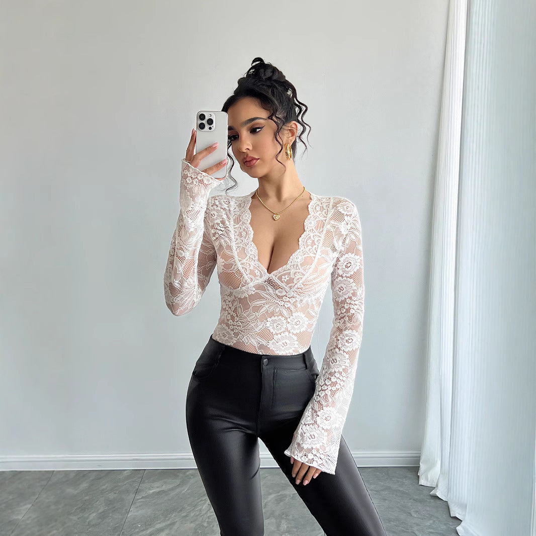Solid Color Sexy Lace Slim V-neck Long Sleeve