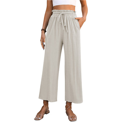 Gerade Hose mit Kordelzug und hoher Taille, Sommer, lässig, einfarbig, lockere Hose mit weitem Bein für Damenbekleidung