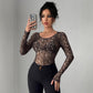 Transparent Leopard Mesh Round Neck Long Sleeved Fitted T-shirt