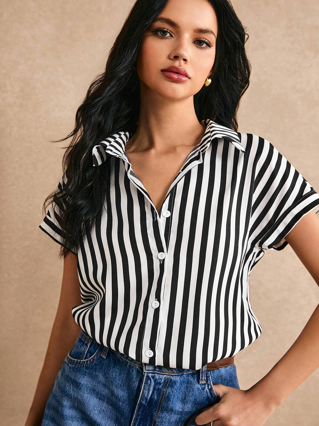 Chemise Rayures Manches Chauve-Souris  Bouton