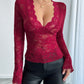 Solid Color Sexy Lace Slim V-neck Long Sleeve