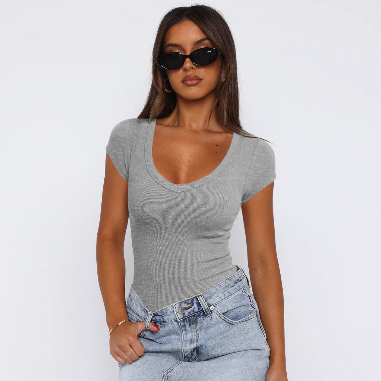 Maglietta aderente con motivo a spirale alla moda, estiva, tinta unita, sexy, a maniche corte, per abbigliamento da donna