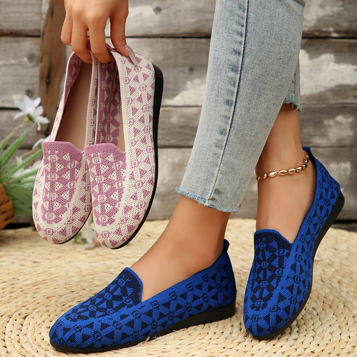 Scarpe basse con punta rotonda stampata, scarpe casual alla moda, traspiranti, in maglia, mocassini per donna