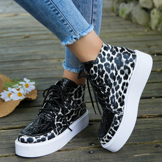Scarpe da donna casual con plateau, tacco basso, stampa leopardata, a blocchi di colore, con pizzo, nuove autunnali