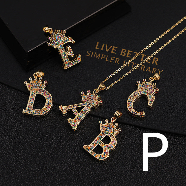 Micro-inlaid Colorful Zircon Hip-hop Personality 26 Letters Pendant Necklace