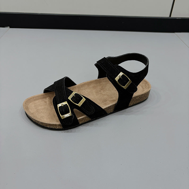 Women's Belt Buckle Cross Strap Large Size Flat Bottom Casual Slippers
