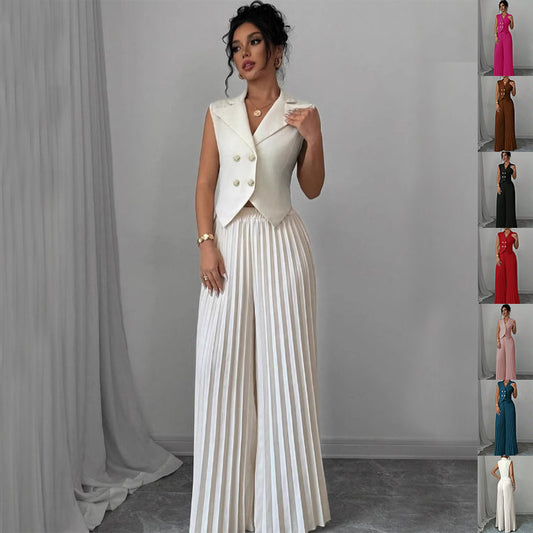 Sommer Ärmelloser Anzug Mode Revers Knopf Weste Top Und Plissee Gerade Hosen Damen Hosen Set Kleidung