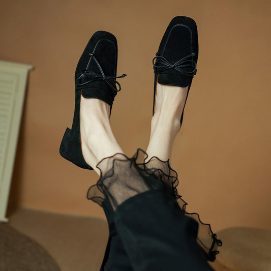 Spring And Autumn New Square Toe Chunky Heel Pumps Bow Comfortable Split Leather High Heel