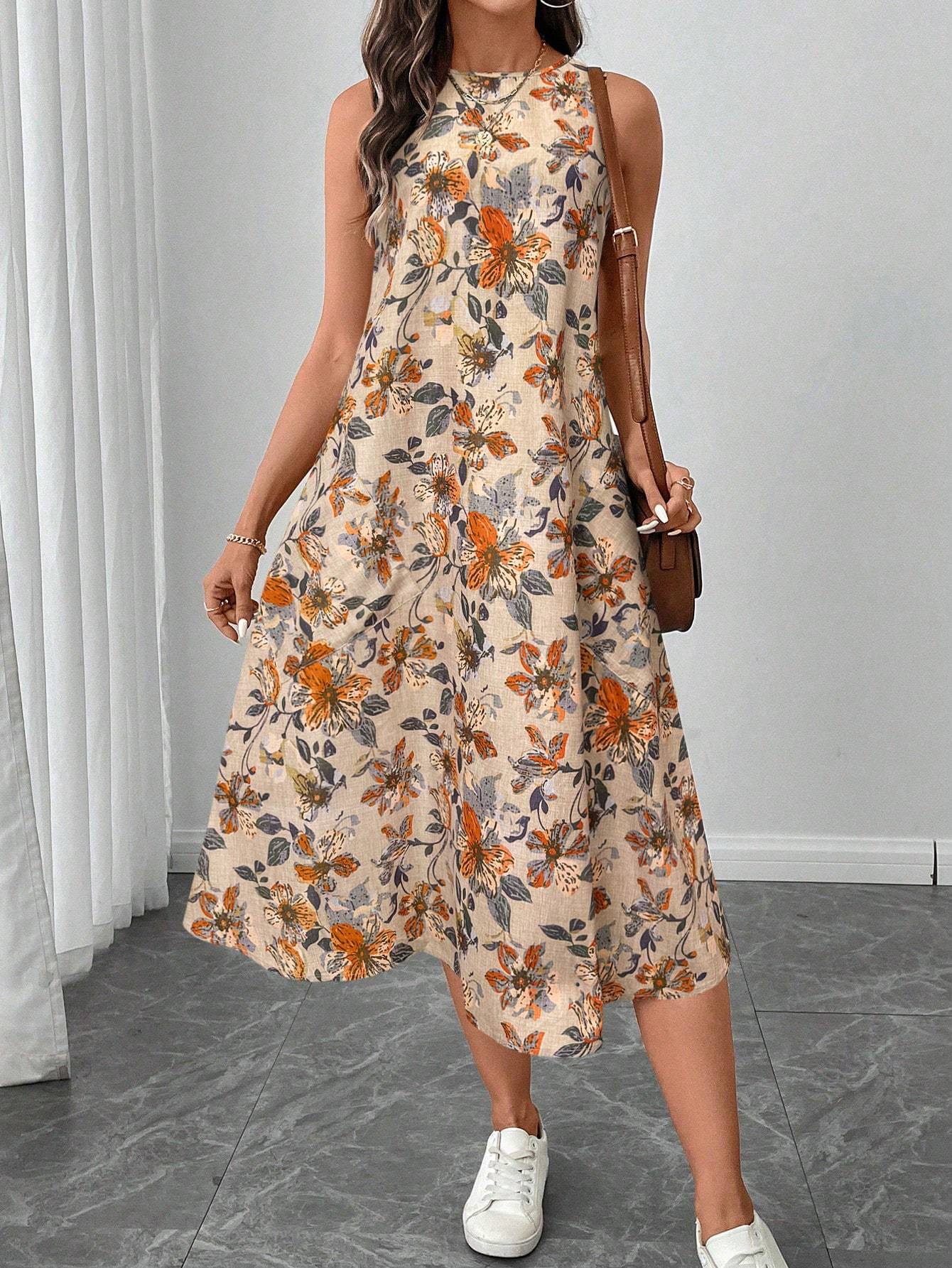 Abito midi casual elegante con stampa floreale retrò, senza maniche, scollo tondo e orlo svasato