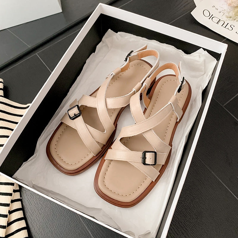 Sandali con punta aperta in vera pelle con cinturino incrociato retrò, eleganti scarpe da spiaggia in stile romano con tacco basso