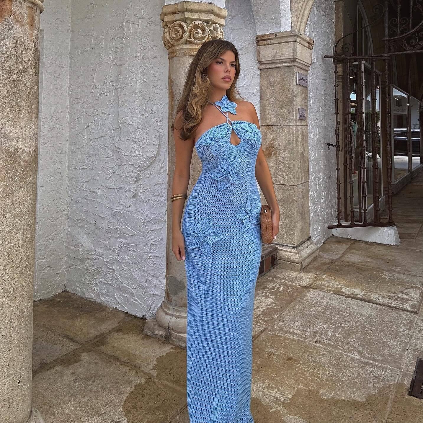 Schlankes Neckholderkleid mit Sternen, Sommer, sexy, Strand, lange Kleider, Damenbekleidung