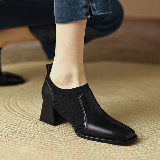 Women's Spring And Autumn Square Toe Knitted Chunky Heel High Heels