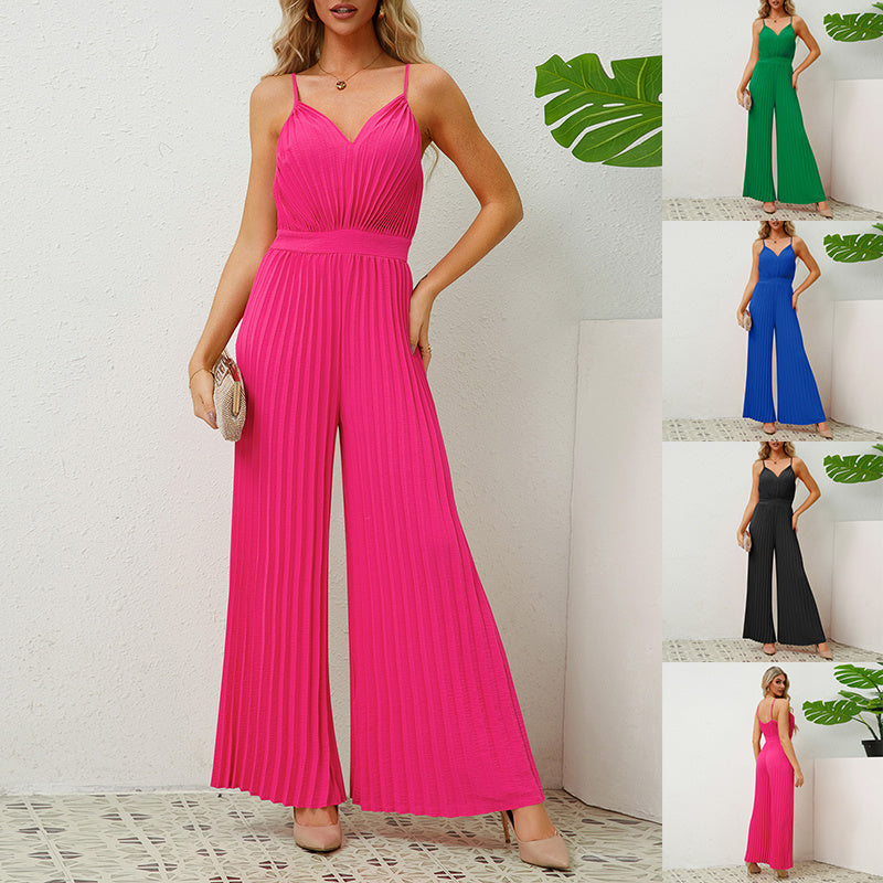 V-Ausschnitt Hosenträger Plissee Jumpsuit Volltonfarbe Lose Gerade Hose Damenbekleidung