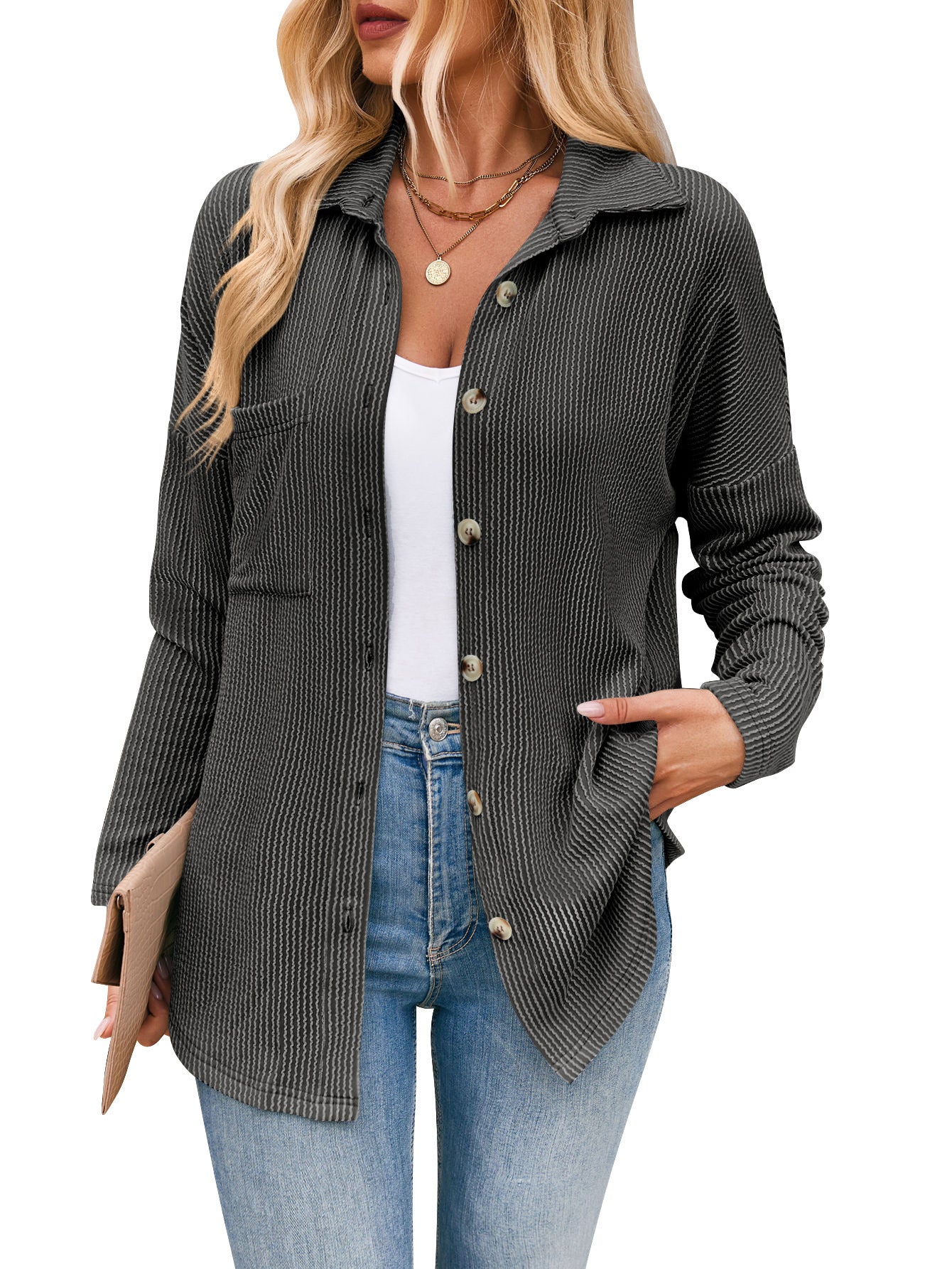 Camicia a maniche lunghe con tasca a contrasto a righe