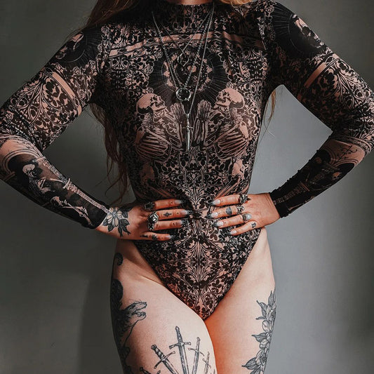 Tuta da donna a maniche lunghe con stampa astratta vintage slim di Design Sense