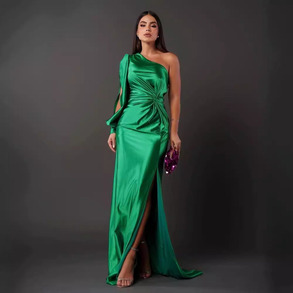 Women's One-shoulder Split Dress Ins Fashion Long-sleeved