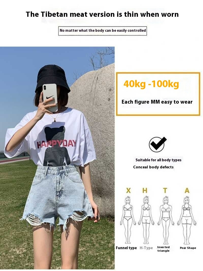 Bedruckte, lockere, zerrissene Jeansshorts für Damen in Übergröße mit hoher Taille